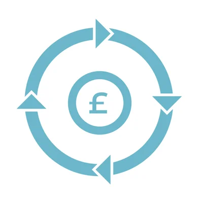 Blue pound coin with circular arrows icon representing flexible billing and payment control