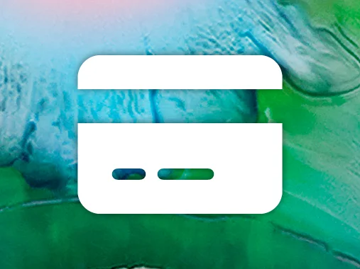White credit card icon on a blue and green abstract background