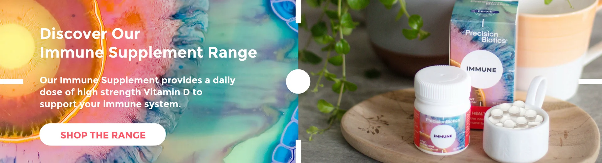 Our Immune Supplement provides a daily dose of high strength Vitamin D to support your immune system. These strawberry & banana flavour tablets also contain 1 billion live friendly bacteria and are vegetarian, lactose free, gluten free and dairy free.