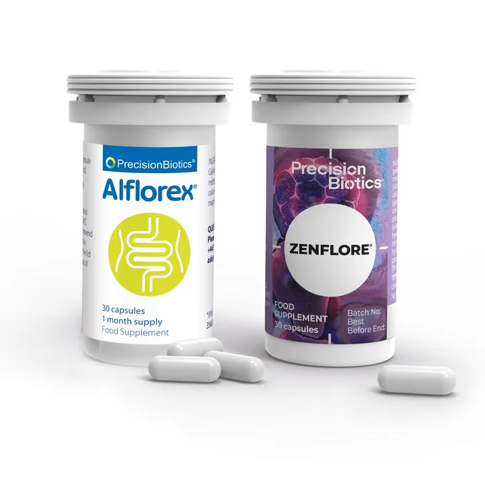 PrecisionBiotics Alflorex Original and Zenflore 30-capsule bottles with capsules displayed in front, on a white background