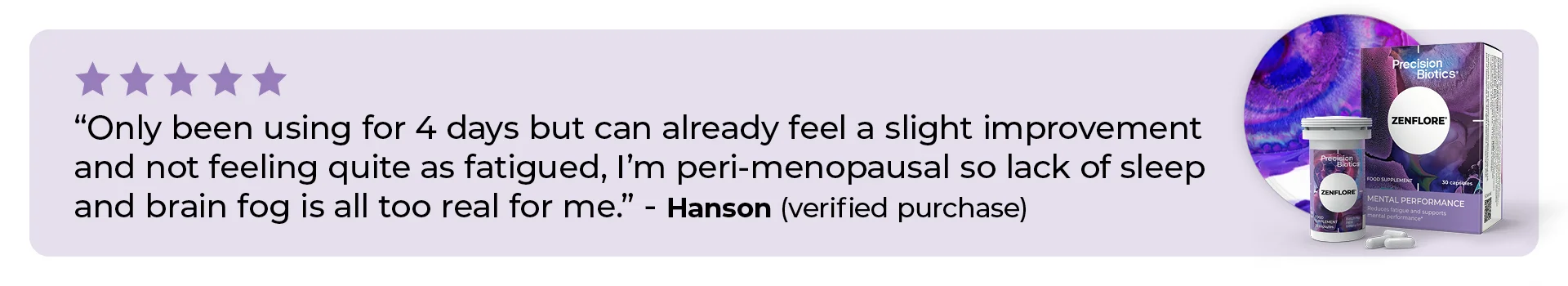 5 stars. Only been using for 4 days but can already feel a slight improvement and not feeling quite as fatigued, I'm peri-menopausal so lack of sleep and brain fog is all too real for me. Hanson verified purchase