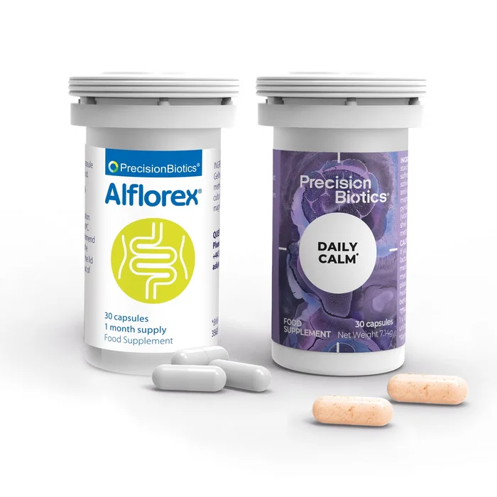 PrecisionBiotics Alflorex Original and Daily Calm 30-capsule bottles with capsules displayed in front, on a white background