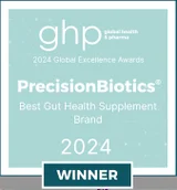 GHP, Global Health and Pharma. 2024 Global Excellence awards. Precision Biotics. Best Gut health supplement brand 2024. Winner. Click here to read on our blog precision biotics wins best gut health supplement brand in global excellence awards