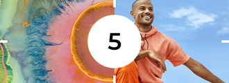 A split image with the number 5 in a white circle at the centre. The left side shows a colourful close-up of a microscopic or geological cross-section in green, blue and orange tones. The right side shows a smiling man in an orange hoodie against a blue sky, representing an active, healthy lifestyle.