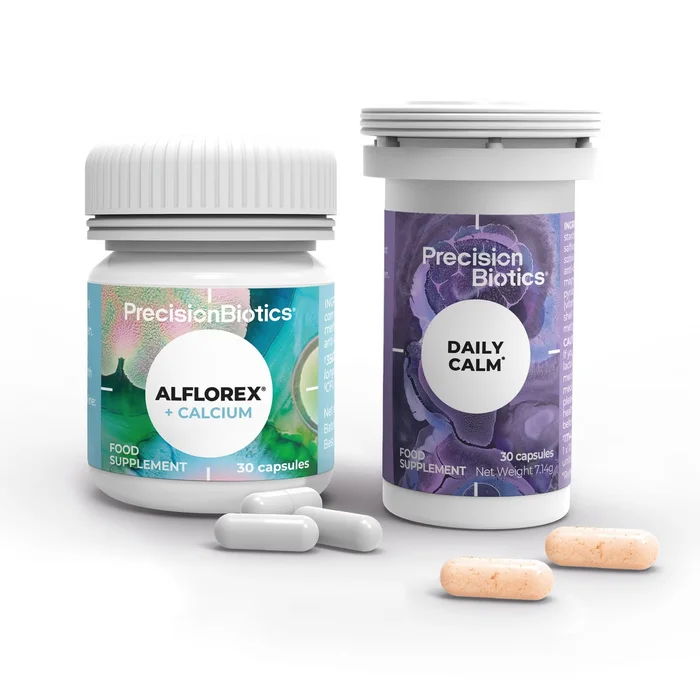 PrecisionBiotics Alflorex + Calcium and Daily Calm 30-capsule bottles with capsules displayed in front, on a white background