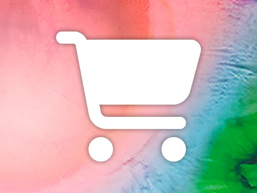 White shopping cart icon on a pink and green abstract background